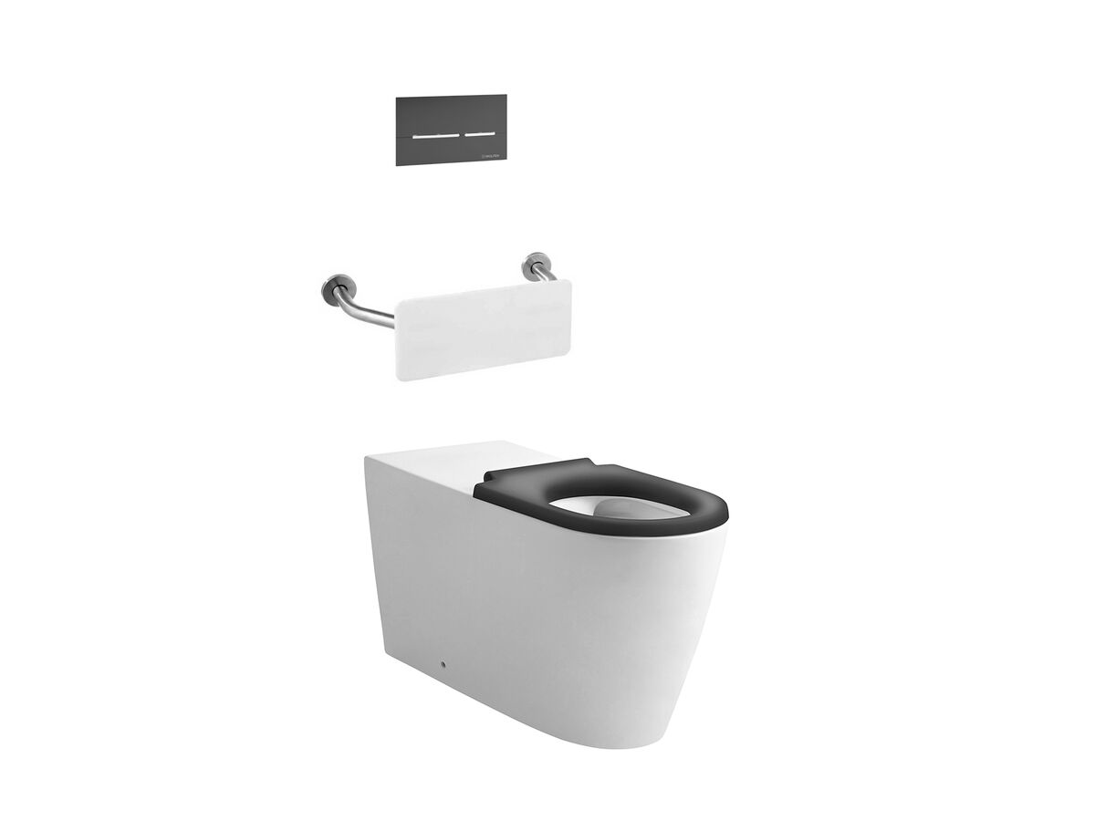Wolfen 800 Back to Wall Rimless Inwall Toilet Suite with Single Flap Seat Grey Backrest Raised Height Button & Plate Grey Hideaway+ Inwall Cistern (4 Star)