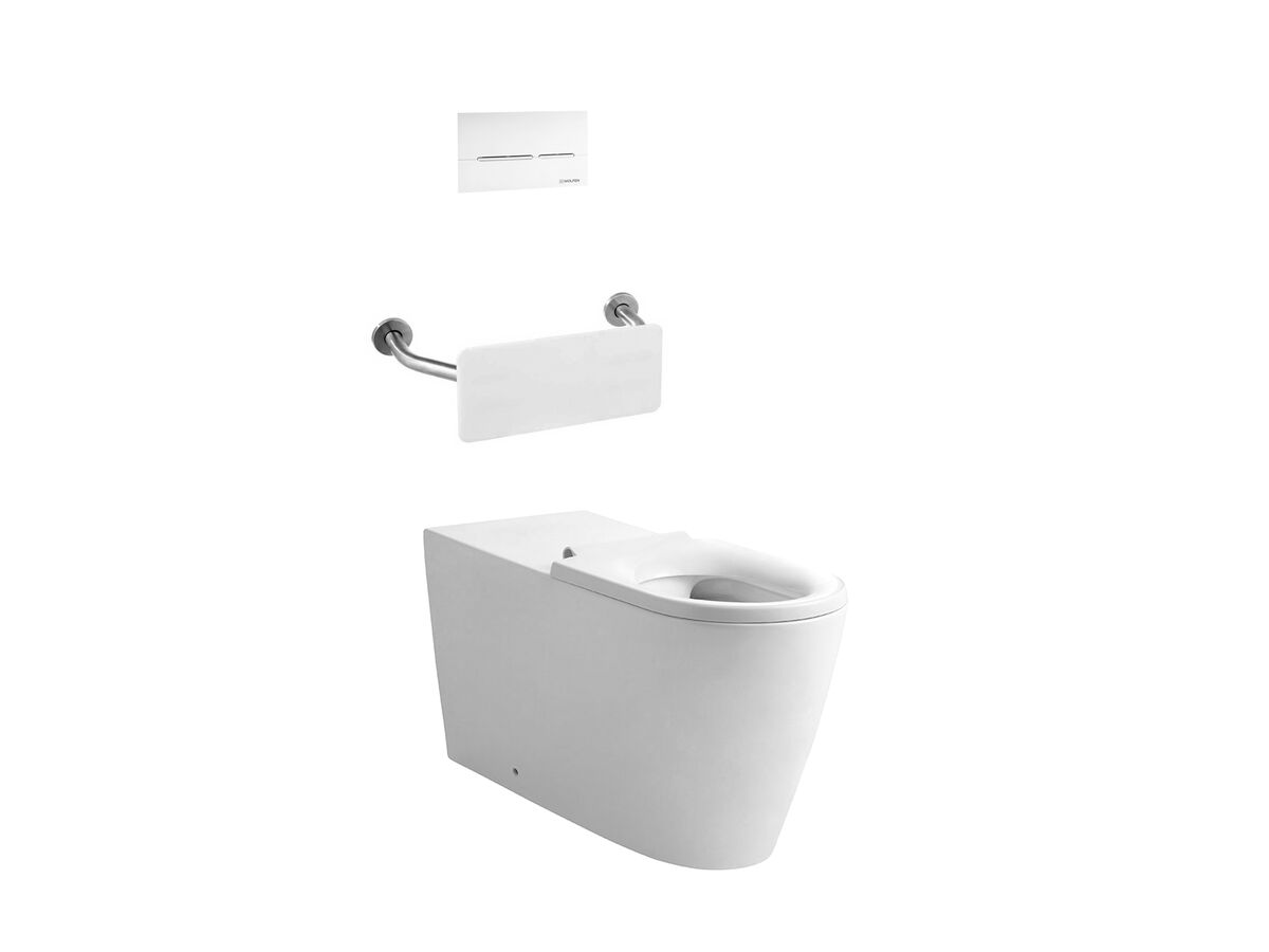Wolfen 800 Back to Wall Rimless Inwall Toilet Suite with Single Flap Seat White Backrest Raised Height Button & Plate White Hideaway+ Inwall Cistern (4 Star)